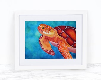 Arte de tortugas en acuarela, arte de la pared del baño, pintura de acuarela con estampado de arte animal caprichoso, arte de la pared costera, decoración de la playa