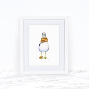 May include: A watercolor painting of a seagull wearing a stack of three orange life preservers around its neck. The seagull is standing on a white background.
