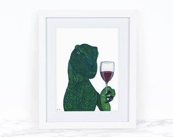 Impresión de arte de dinosaurio acuarela, pintura de dinosaurio Velociraptor, impresión de arte de vino tinto, acuarela de impresión de arte caprichosa, decoración de cocina de dinosaurio