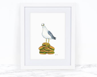 Impressão de arte de gaivota em aquarela, arte de hambúrguer, arte de parede costeira, impressão de arte extravagante, pintura em aquarela, decoração de parede de cozinha