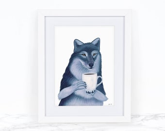 Watercolor Wolf Art Print, Coffee Art Print, Kitchen Art Print, Whimsical Animal Art Print, Whimsical Art Print Watercolor