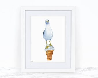 Watercolor Seagull Print, Ice Cream, Whimsical Art Print Watercolor Painting, Whimsical Animal Art Print Coastal Wall Art Kitchen Wall Decor