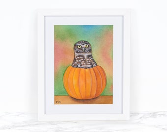 Watercolor Owl Art Print, Pumpkin Decor Fall Decor Kitchen Decor  Whimsical Art Print Pumpkin Art Print Watercolor Pumpkin Painting