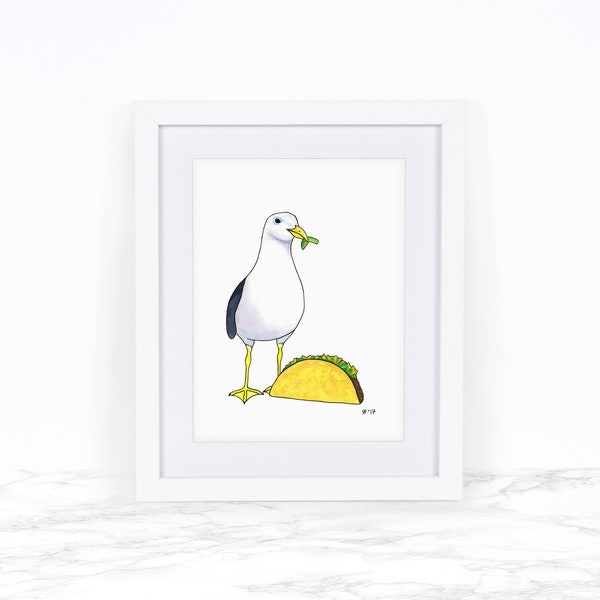 Seagull Art Print Funny Food Gift Whimsical Animal Art Watercolor Art Print Watercolor Bird Art Beach Decor Coastal Wall Art Taco Art Print