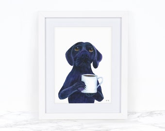 May include: A framed watercolour painting of a black Labrador Retriever holding a white coffee mug. The dog has a serious expression on its face, as if it is enjoying its coffee.