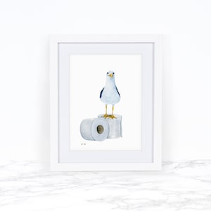 Seagull Art Print, Bathroom Wall Decor, Whimsical Animal Art Print Watercolor, Funny Bathroom Wall Art, Toilet Paper Art