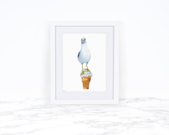 Watercolor Seagull Print, Ice Cream, Whimsical Art Print Watercolor Painting, Whimsical Animal Art Print Coastal Wall Art Kitchen Wall Decor