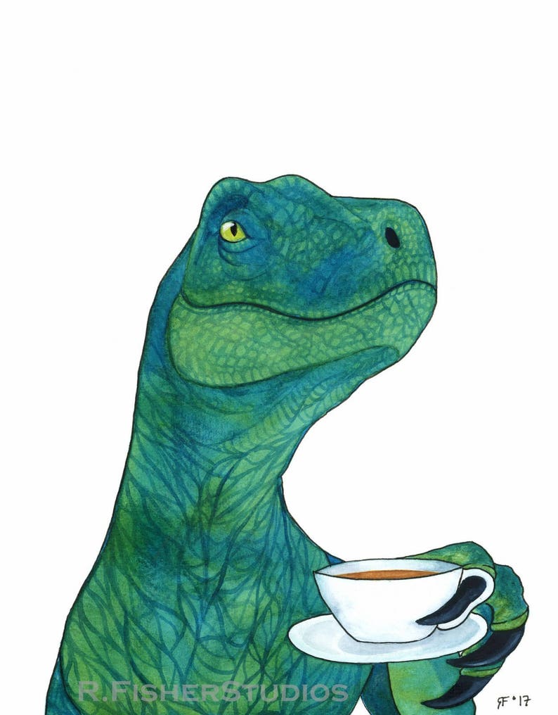 May include: A green dinosaur with a yellow eye holds a white teacup and saucer. The dinosaur is looking up and to the right. The teacup is filled with brown liquid.