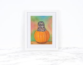 Watercolor Burrowing Owl Painting, Orignal Watercolor Painting,  Watercolor Pumpkin Decor, Fall Decor, Kitchen Art