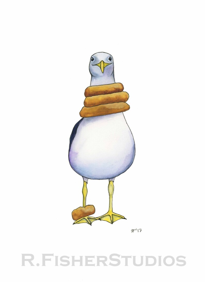 May include: A watercolor painting of a cartoon seagull wearing a stack of four brown life preservers around its neck. The seagull is standing on a white background with its feet slightly apart. The seagull has a yellow beak and yellow feet. The painting is signed "SF'17" in the bottom right corner.