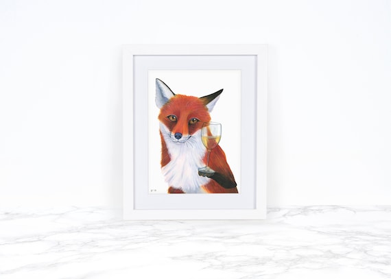 Watercolor Fox Art Print, Fox Painting, Whimsical Animal Art Print, Wine Art Print, Whimsical Art Print, Kitchen Wall Art, Kitchen Decor