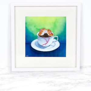 Coffee for Two, Two mice in a coffee cup, Whimsical Animal Art Print, Kitchen Art Print, Coffee gift, Coffee Poster, Coffee Wall Art