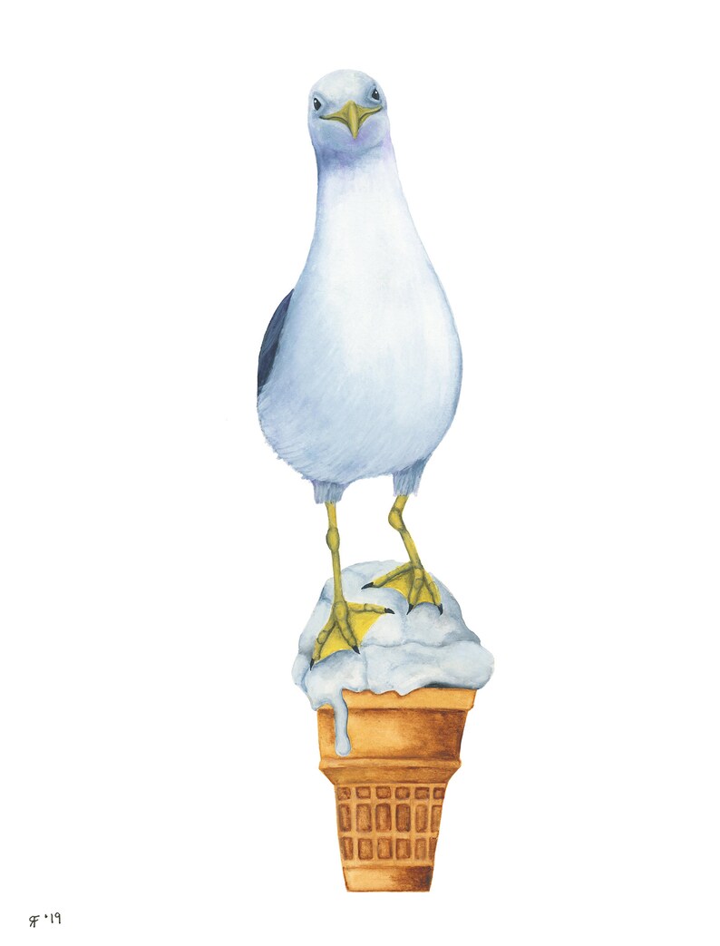 Pode incluir: Uma pintura em aquarela de uma gaivota em p&eacute; em cima de um cone de sorvete derretido. A gaivota est&aacute; olhando diretamente para o espectador com uma express&atilde;o curiosa. O sorvete &eacute; azul claro e o cone &eacute; marrom.