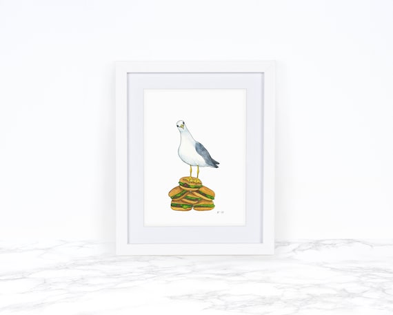 Watercolor Seagull Art Print, Hamburger Art, Coastal Wall Art, Whimsical Art Print, Watercolor Painting, Kitchen Wall Decor