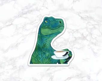 Velociraptor With Coffee Sticker, Dinosaur Sticker, Water Bottle Stickers, Laptop Stickers, Laptop Decals, Funny Stickers