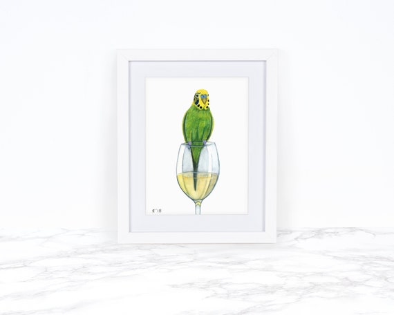 Watercolor Budgie Painting, Watercolor Parakeet Painting, Whimsical Animal Art Print, Whimsical Art Print, Kitchen Decor, Kitchen Wall Art