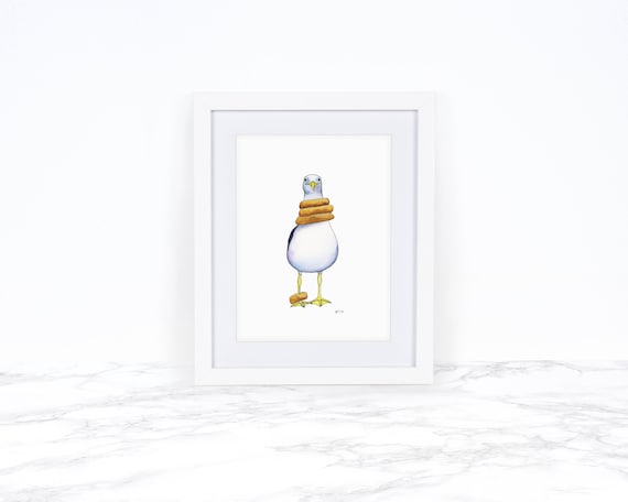 Watercolor Seagull Print, Whimsical Animal Art Print, Coastal Wall Art, Whimsical Art Print, Kitchen Art Print