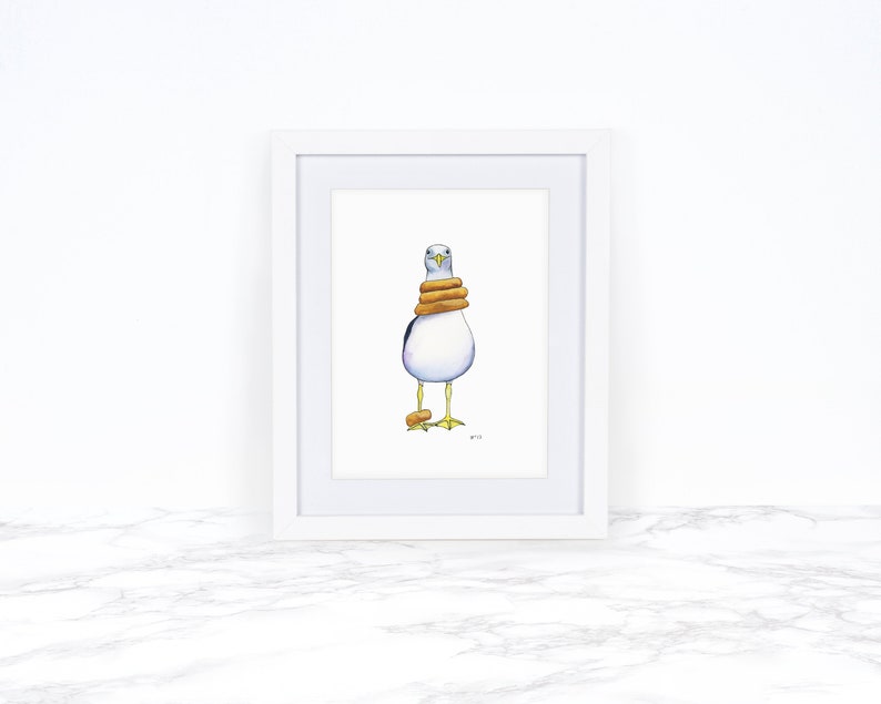 May include: A watercolor painting of a seagull wearing a stack of three orange life preservers around its neck. The seagull is standing on a white background.