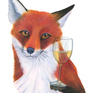 Puede incluir: Un zorro rojo con el pecho blanco y una expresi&oacute;n astuta sostiene una copa de vino blanco. El zorro est&aacute; pintado en un estilo realista con acuarela.