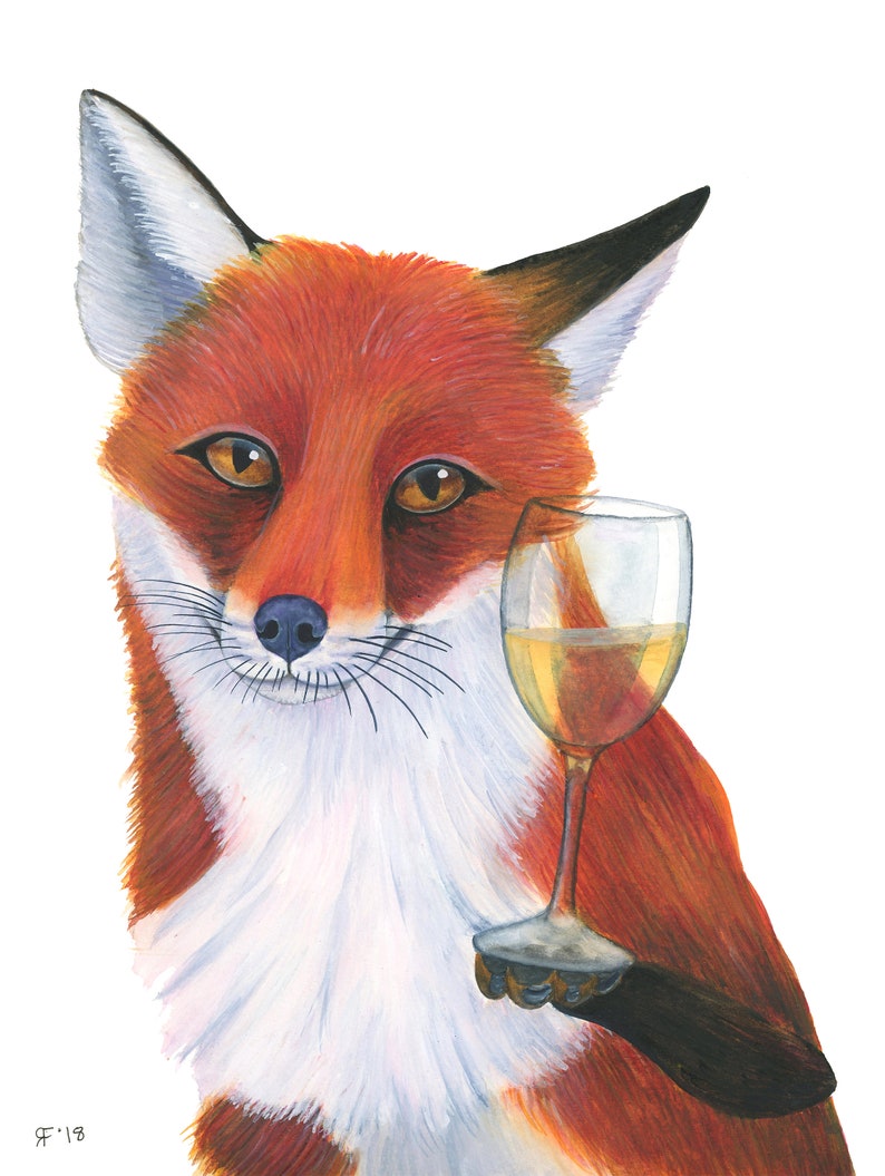 Puede incluir: Un zorro rojo con el pecho blanco y una expresi&oacute;n astuta sostiene una copa de vino blanco. El zorro est&aacute; pintado en un estilo realista con acuarela.
