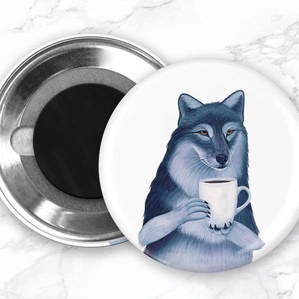 Gray Wolf With Coffee Magnet, Funny Wolf Magnet, Refrigerator Magnets, Funny Fridge Magnets, Kitchen Decor, Animal Magnet