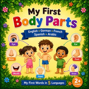 Peut inclure: Une couverture de livre éducatif intitulée My First Body Parts avec des illustrations de trois enfants et des parties du corps étiquetées comme l'œil, le nez, la bouche, la main, l'oreille, le pied et le genou. Bordure de feuilles et fleurs.
