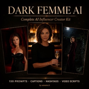 Può includere: Un prodotto digitale intitolato DARK FEMME AI Complete AI Influencer Creator Kit che presenta tre ritratti fotografici di una persona con capelli castani alle spalle. Il kit include 150 prompt, didascalie, hashtag e script video di mindricS.