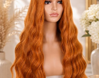 Delysia -Lange Ingwer Kupfer Gewellte Perücke | Rot Orange Kunstfaser-Perücke | Hitzebeständig | Alltags Glam Haar | Cosplay Perücke für Damen