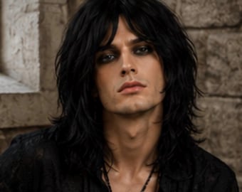 Sabbath // Czarna peruka Shag Rocker, włosy inspirowane glam metalem lat 70., peruka gotycka gwiazda rocka inspirowana Ozzym