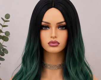 Emerald Noir // Schwarz bis tief Smaragdgrün Ombre Perücke, lange gewellte synthetische Perücke, Gothic Glam Hair, Cosplay Perücke, Alternative Mode Perücke