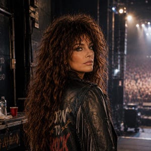 Może przedstawiać: Czarna skórzana kurtka z długimi frędzlami na rękawach oraz napisem BORN TO ROCK w kolorze czerwonym i białym na plecach. Kurtka zestawiona jest z czarnymi skórzanymi spodniami ozdobionymi srebrnym paskiem z łańcuchów i metalowymi ćwiekami.