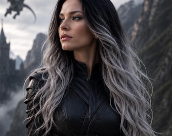 Drachenreiter Fantasy Perücke - Schwarz zu Silber Ombre Cosplay Hair, Mittelalterliche Krieger Perücke