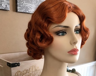 Ethel // Vintage Kupfer Finger Wave Perücke, Retro Auburn Bob, alte Hollywood Glam Kunstfaser-Perücke, 1920er, 1950er Jahre inspiriertes Haar