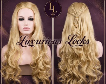Reina del Fuego de Dragón // Peluca larga trenzada rubia platino, cabello inspirado en jinetes de fantasía, peluca etérea para cosplay, glamour de reina guerrera