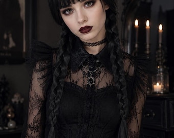 Peluca trenzada inspirada en el Miércoles Misterioso: trenzas negras góticas con flequillo, peluca para cosplay de Halloween.