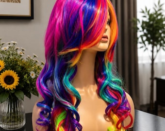 Calista // Multi farbige Vollspitze Perücke, Meerjungfrauen Perücke, Einhorn Perücke, Regenbogen Perücke, Cosplay Perücke, Kostüm
