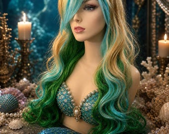 Andrina // Full Wig Synthetic Hair, unicorn hair, cosplay wig, mermaid wig, halloween, green wig