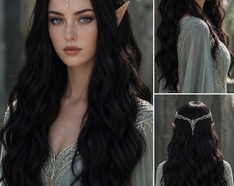 Elfen lange dunkelbraune gewellte Perücke - Fantasy Cosplay Perücke, Mittelalterliches Prinzessinnen Haar, Soft Wave schwarze Perücke, ätherische Kostüm-Perücke