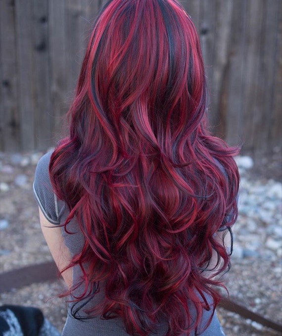 Lucy Fiery Red Long Wavy Wig With Lowlights Synthetic Hair Etsy