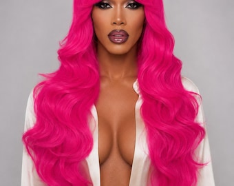 Fuchsia // Neon Pink Glam Wave Kunstfaser Perücke