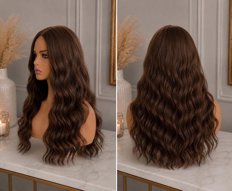 Caroline | Lång Chokladbrun Vågig Peruk | Soft Glam Collection | Vardaglig Glam Peruk | Naturligt Brunt Hår | Dammodeperuk bild 3