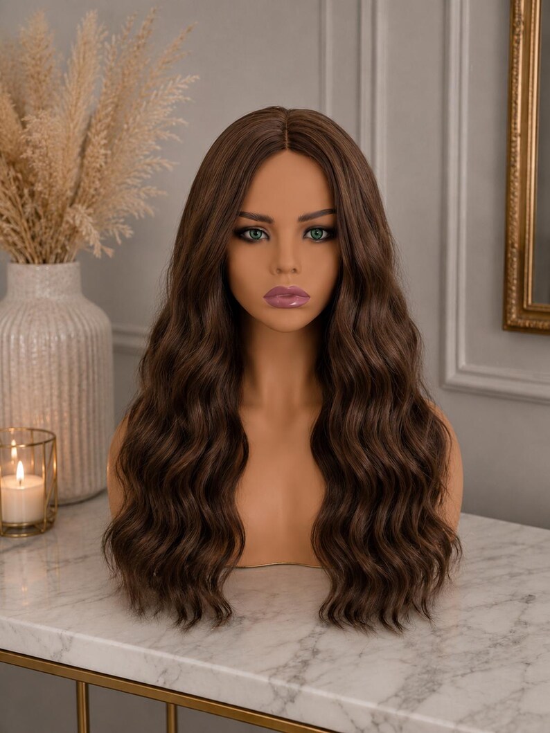 Caroline | Lång Chokladbrun Vågig Peruk | Soft Glam Collection | Vardaglig Glam Peruk | Naturligt Brunt Hår | Dammodeperuk bild 2