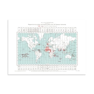 May include: A vintage-style world map titled Planisphère showing the distribution of the globe across 24 time zones. The map features a light blue ocean background with white landmasses and specific regions highlighted in red, including text labels.