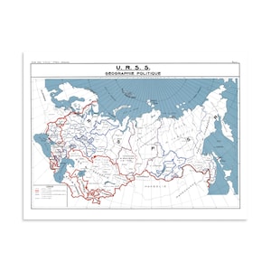 May include: A vintage political map titled U.R.S.S. GEOGRAPHIE POLITIQUE, featuring the Soviet Union in white against a light blue ocean background. The map displays internal borders in red and blue, with black text labels for regions and cities.
