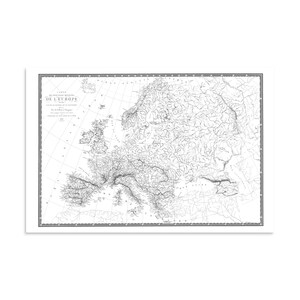 May include: A black and white antique map titled Carte des Principales Montagnes de l'Europe, featuring detailed topographical lines of European mountain ranges, rivers, and coastlines, enclosed within a decorative border with grid lines.