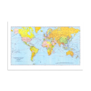 May include: A political world map featuring continents in yellow, pink, and green against a light blue ocean background. Red lines trace maritime routes across the seas. The text PLANISPHERE POLITIQUE ET SES GRANDS RESEAUX is printed in the corner.