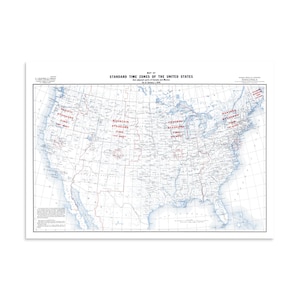 May include: A vintage map titled Map of Standard Time Zones of the United States and adjacent parts of Canada and Mexico as of January 1, 1949. The map features blue outlines of states and red text labeling Pacific, Mountain, Central, and Eastern time.