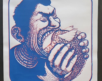 May include: A blue and red screen print of a person with a large mouth eating a fish. The print is numbered 4/55 and signed "Bobb".