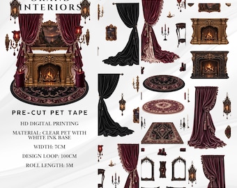 Puede incluir: Una hoja de cinta PET precortada con diseños Grand Interiors que incluyen cortinas burdeos y negras, chimeneas ornamentadas, alfombras redondas y rectangulares, apliques de pared y linternas. Cinta de 7cm de ancho, 100cm de bucle, 5m de largo.