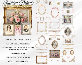 Guilded Details PET Tape (Pre-Cut) | Transparent Kiss Cut Decorative Tape | Romantic Journal, Scrapbook & Planner Supplies